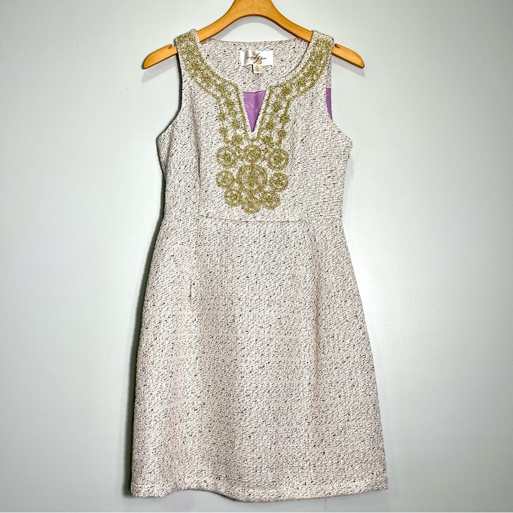 BY JULIE BROWN Dress Off-White Gold Metallic Details Sleeveless Lined Size 0